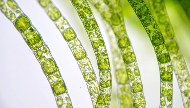 Detailed microscopic view of green algae cells highlighting their unique cellular structure and vibrant color.