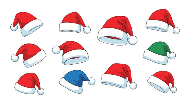 Collection of various festive Christmas Santa hats in red green and blue colors shown from many different angles.