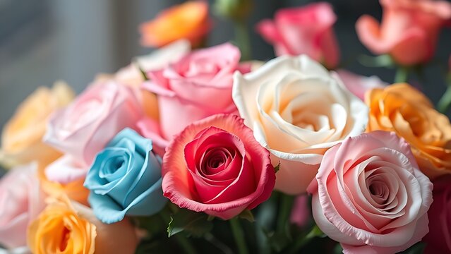 Vibrant bouquet of colorful roses against a soft floral background.