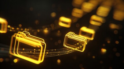 Glowing digital folders floating in dark abstract space