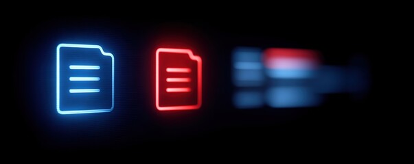 Glowing blue and red digital file icons on black background