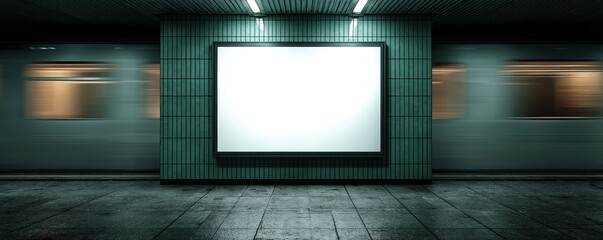 Illumined blank billboard in subway station with moving train