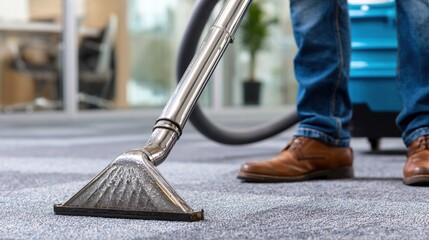 Close-up of carpet cleaning process with vacuum in office environment