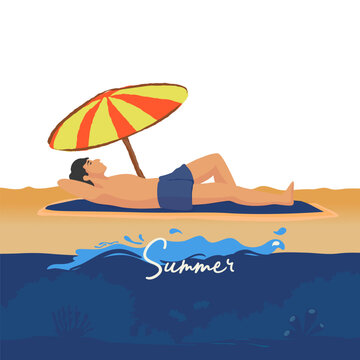 A happy man on the sand under a tropical parasol during a sunny summer vacation by the blue sea water in this flat vector cartoon illustration