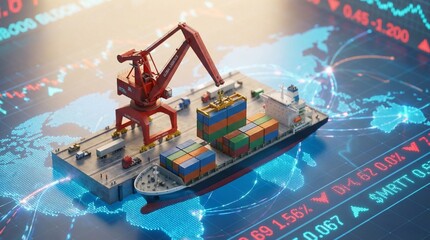 Global trade and logistics concept with cargo ship and containers on stock market background with graphs