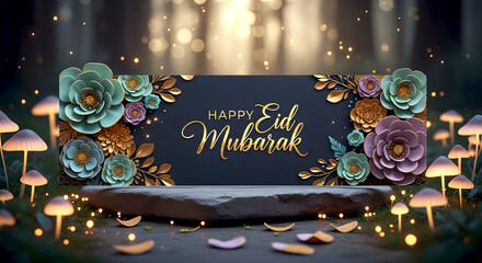 Eid mubarak celebration with floral and mushroom decorations