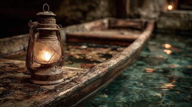 Rustic lantern beside a weathered boat on tranquil water.