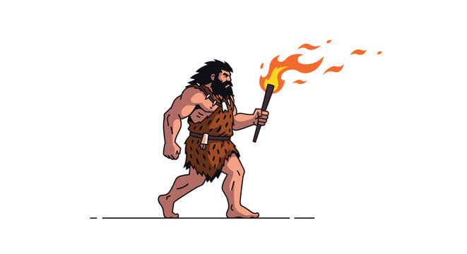 Prehistoric caveman character walking while carrying a flaming torch and wearing a leopard print animal skin tunic.