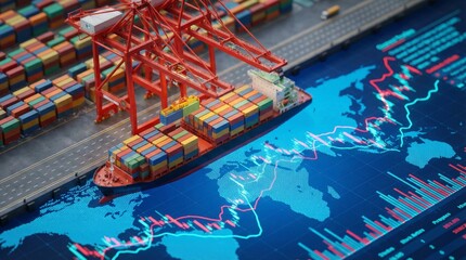 Global trade and logistics concept with cargo ship and containers on a world map with stock market graphs