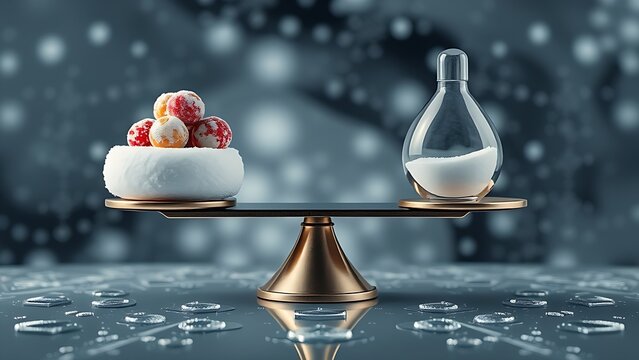 A symbolic scale balancing sugary treats against insulin molecules, with the tipping point creating fractal patterns in space.
