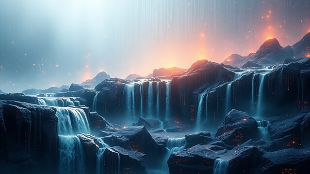 Abstract digital landscape with cascading CSS code dissolving a fragmented Single Page Application into particles.