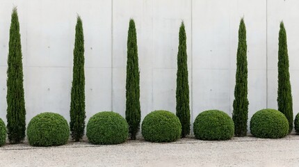 An aesthetically pleasing shot of perfectly trimmed plants against a concrete background. The scene depicts a harmonious blend of nature and architecture