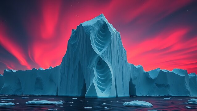 Monolithic iceberg fracturing into DNA helixes under blood-red auroras.