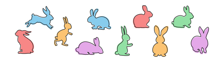 Rabbit icons, colored hare and bunny poses, sitting, running, jumping and resting, vector illustration on transparent background © SunnyScrap