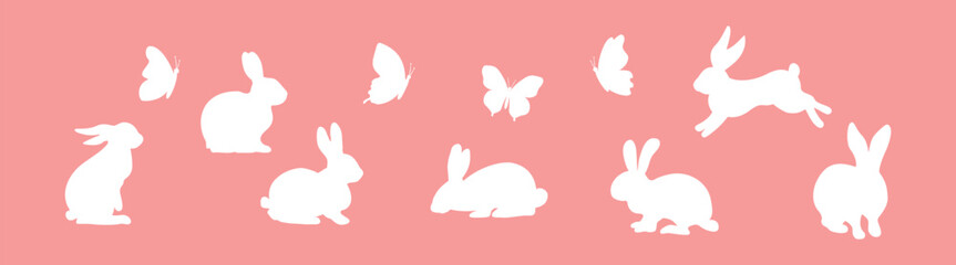 Rabbit silhouette set, white hare and bunny poses, running, sitting and jumping wildlife vector illustration © SunnyScrap