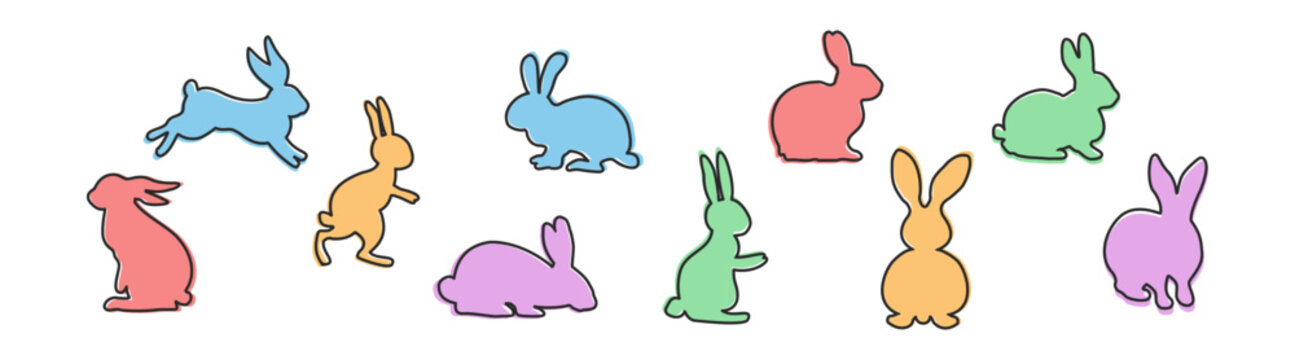 Rabbit icons, colored hare and bunny poses, sitting, running, jumping and resting, vector illustration on transparent background