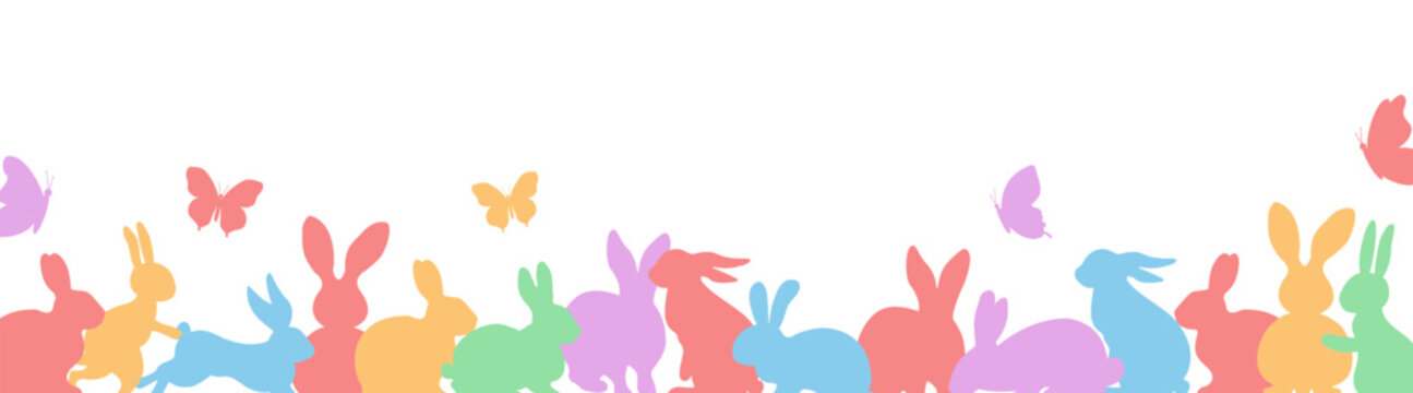Easter rabbit silhouette set, colored bunny poses, sitting and standing, cute wildlife vector illustration on transparent background