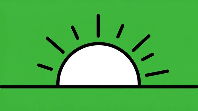 Animated rising sun icon drawing simple light rays appearing above horizontal line on green screen backdrop