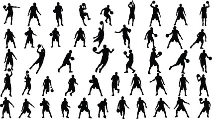 Basketball player silhouette collection showing dribbling shooting passing and jumping actions isolated on white background for sports training coaching fitness and competition concepts © Shariyar Pantho