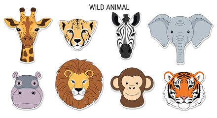 Obraz premium Colorful sticker collection of eight cute cartoon wild animal heads including a lion tiger elephant and giraffe on a white background.