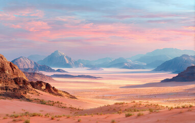 Naklejka premium Panoramic view of Wadi Rum desert under a vibrant sunset sky