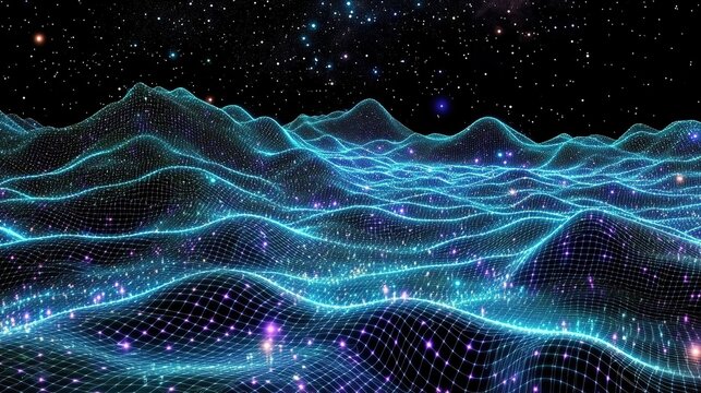 Ethereal blue neon wave landscape of interconnected digital meshes beneath a starry night sky