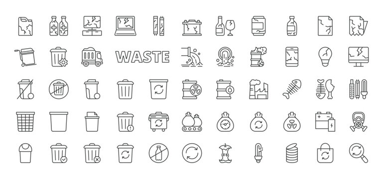 Waste icons in line design. Waste, recycling, trash, garbage, disposal, environment, pollution on white background vector. Waste editable stroke icons