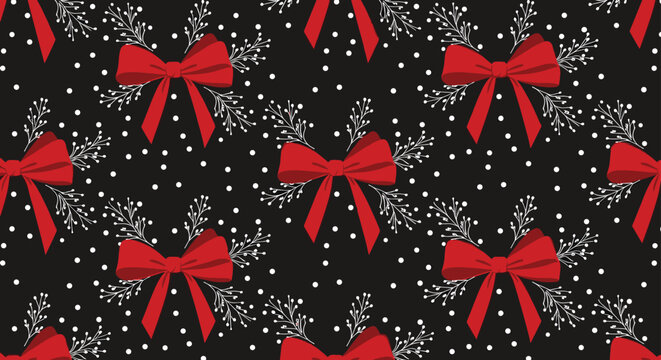 Festive seamless Christmas pattern with large red bows and delicate white branches on a black background with polka dots.