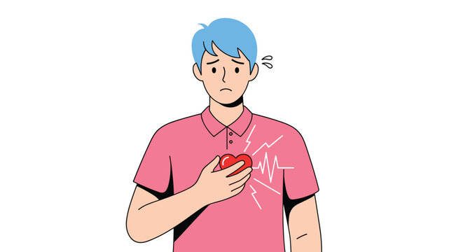 Worried young man experiencing chest pain or a heart attack with a visible heartbeat line on a white background illustration.