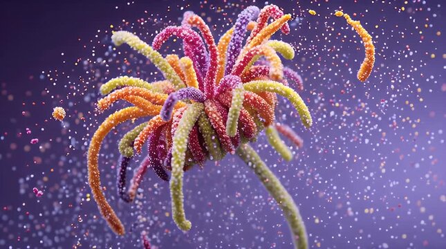 Vibrant, whimsical entity with colorful strands amidst a flurry of confetti on a muted purple backdrop