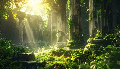 Ancient forest ruins bathed in ethereal sunlight, evoking a sense of lost civilization