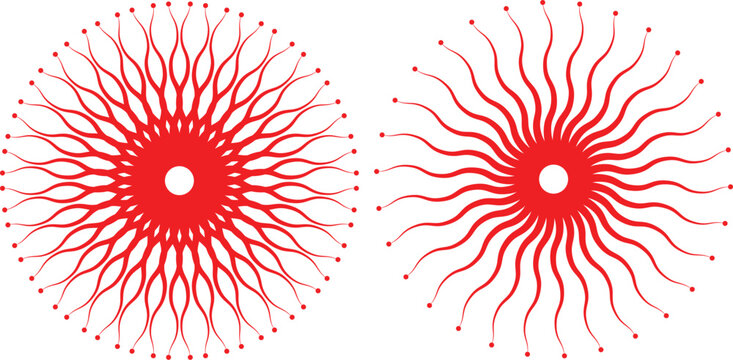 Web Abstract Red Radial Design - Circular Pattern with Wavy Tentacle-like Elements and Dots, Isolated on White Background