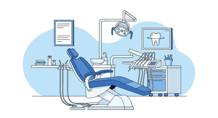 A clean and modern illustration of a fully equipped dentist's office with a patient chair and professional tools.