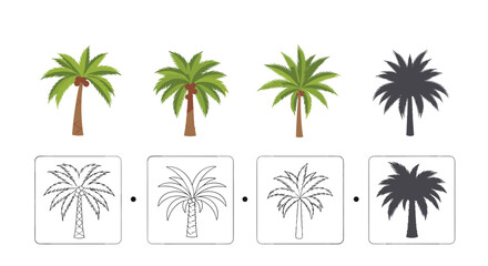 A children's educational worksheet with a palm tree matching and tracing game to develop motor and cognitive skills.