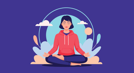 A serene young woman meditating in the lotus position outdoors with abstract clouds and leaves for mental wellness.