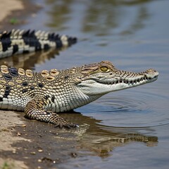 Fototapeta premium Close-up of a Crocodile Resting by the Waters Edge.