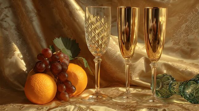 Golden hued still-life featuring fruit, ornate glasses, and patterned cloth with light and shadow play