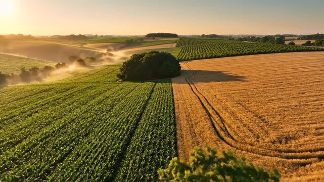 Lush green and golden farmland at sunrise with mist over fields