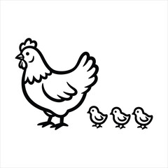 Black outline hen with three chicks on white background bird animal