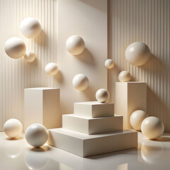 Clean geometric 3D background with floating matte shapes, soft shadows, neutral colors, minimal design