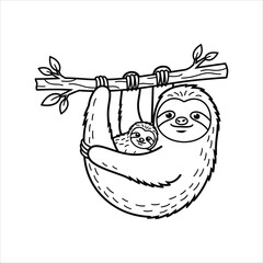 Two sloths hanging on a tree branch black and white illustration animal baby