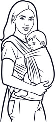 Woman holding baby in fabric sling carrier line art vector