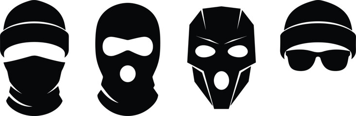 Masked criminal face icons set showing various balaclava disguises for thief burglar robbery crime security warning illustration.