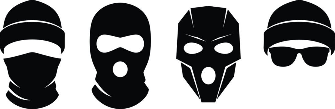 Masked criminal face icons set showing various balaclava disguises for thief burglar robbery crime security warning illustration.