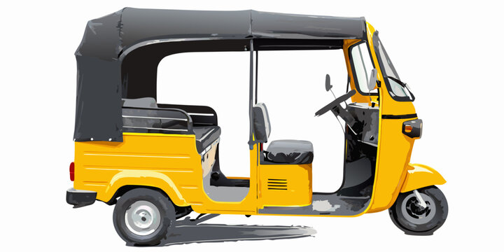 A vibrant yellow auto rickshaw with a black canvas roof side view