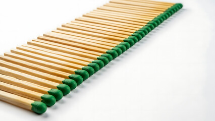 Row of green tipped matchsticks on white background