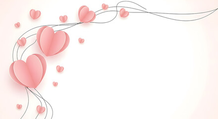 Minimal abstract romantic background featuring a flowing black line and soft pink paper hearts on a white backdrop.
