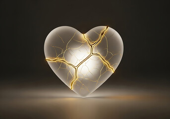 The radiant repair of a broken glass heart, shining brightly with golden kintsugi cracks against a reflective dark canvas