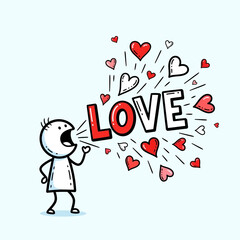 Cartoon Man Shouting Love with Hearts.