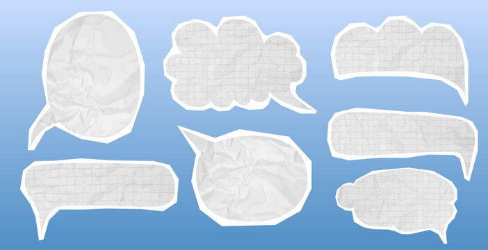 Textured paper speech chat balloons set with wrinkled surface. Crumpled speech bubbles featuring notebook grid, lined patterns for stickers, comic conversation. Dialogue shapes with rugged torn edges